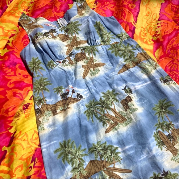 Hilo Hatties 1990s tropical Hawaiian light blue sleeveless sheath dress size 14 - Picture 2 of 15